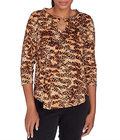 Ruby Rd. Petite Size Knit Animal Print Keyhole Ring Detail 3/4 Sleeve Dew Drop Accent Top