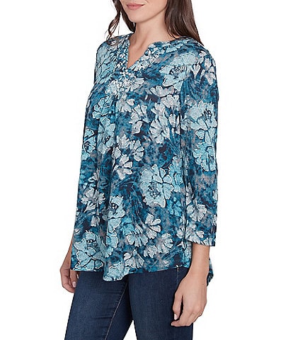 Ruby Rd. Petite Size Knit Embellished Bib Wintery Blues Floral Banded Collar 3/4 Sleeve Top