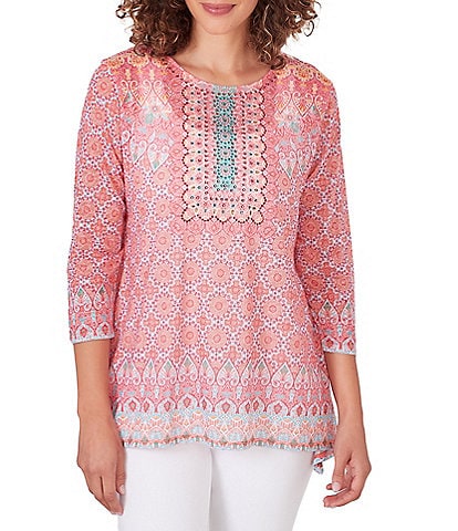 Ruby Rd. Petite Size Knit Embroidered Geo Border Print Embellished Scoop Neck 3/4 Sleeve Top