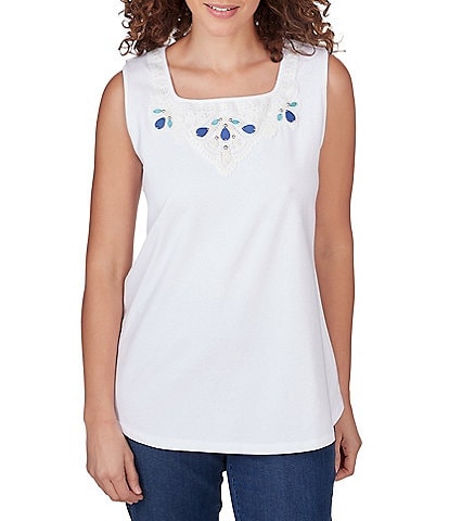 Ruby Rd. Petite Size Knit Embroidered Square Neck Sleeveless Embellished Tank