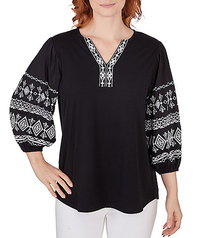 Ruby Rd. Petite Size Knit Embroidered Y-Neck 3/4 Balloon Sleeve Top