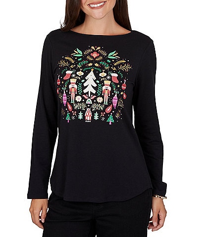 Ruby Rd. Petite Size Knit Festive Nutcracker Boat Neck Long Sleeve Top