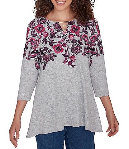 Ruby Rd. Petite Size Knit Floral Vine Split V-Neck 3/4 Sleeve Top