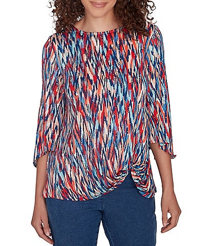 Ruby Rd. Petite Size Knit Ikat Print Crew Neck 3/4 Sleeve Twist Front Hem Dew Drop Accent Detail Top