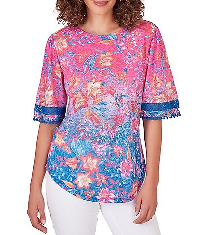 Ruby Rd. Petite Size Knit Ombre Floral Crew Neck Elbow Lace Inset Sleeve Top