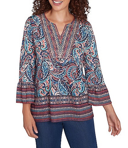 Ruby Rd. Petite Size Knit Paisley Border Print Embellished Split V-Neck 3/4 Sleeve Bib Top