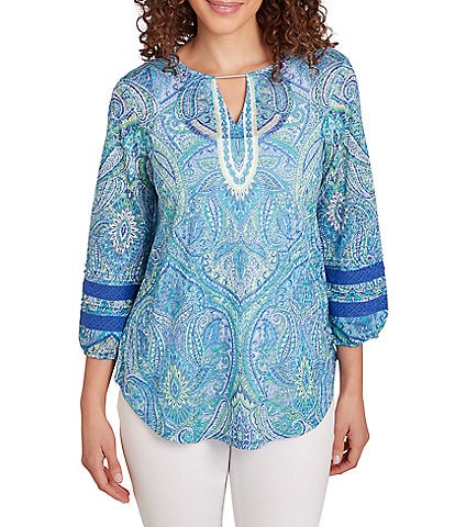 Ruby Rd. Petite Size Knit Paisley Print Keyhole Bar Detail 3/4 Sleeve Lace Inset Trim Top