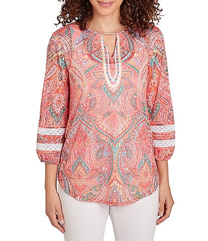 Ruby Rd. Petite Size Knit Paisley Print Keyhole Neck 3/4 Sleeve Lace Inset Top