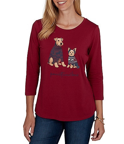 Ruby Rd. Petite Size Knit Pawsitive Charming Dogs Crew Neck 3/4 Sleeve Top