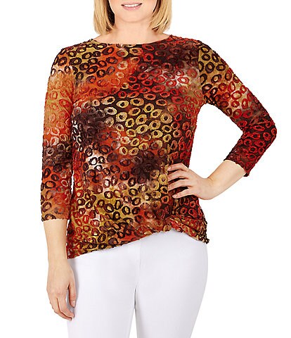 Ruby Rd. Petite Size Knit Round Neck 3/4 Sleeve Front Twist Animal Printed Top