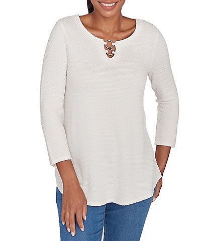 Ruby Rd. Petite Size Knit Split V-Neck 3/4 Sleeve Top