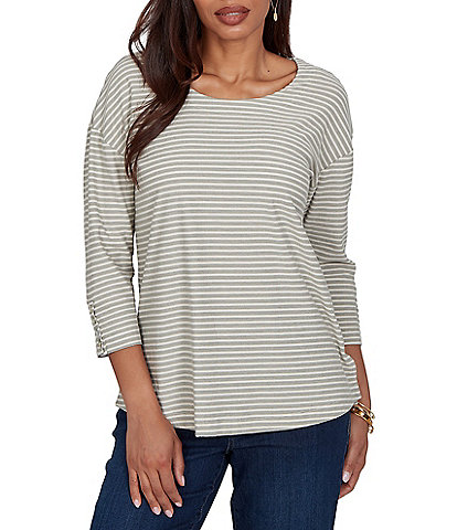 Ruby Rd. Petite Size Knit Stripe Boat Neck 3/4 Sleeve Top