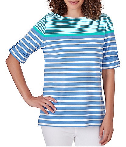 Ruby Rd. Petite Size Knit Stripe Boat Neck Short Roll-Tab Sleeve Side Slit Top