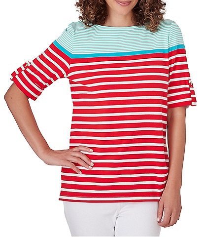Ruby Rd. Petite Size Knit Stripe Boat Neck Short Roll-Tab Sleeve Side Slit Top