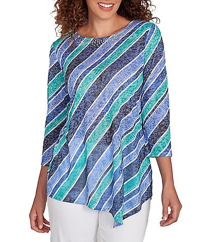 Ruby Rd. Petite Size Knit Stripe Crew Neck 3/4 Sleeve Asymmetric Hem Top