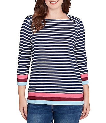 Ruby Rd. Petite Size Knit Stripe Square Neck 3/4 Sleeve Side Slit Top