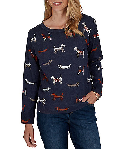 Ruby Rd. Petite Size Knit Tiny Dog Boat Neck Long Sleeve Sweater