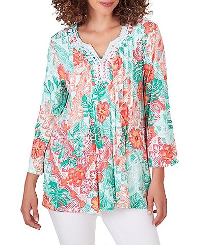 Ruby Rd. Petite Size Knit Tropical Island Patchwork Embroidered Split V-Neck 3/4 Sleeve Shirt