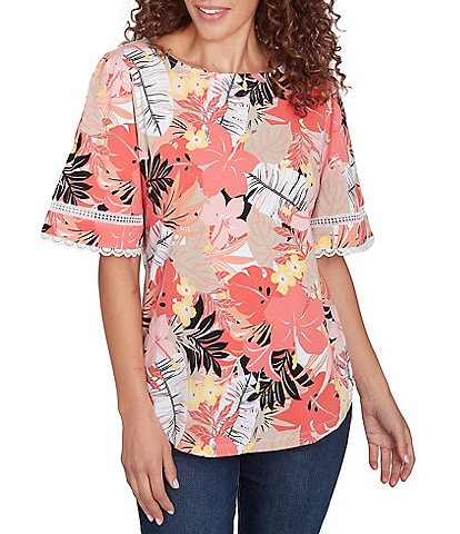Ruby Rd. Petite Size Knit Tropical Paradise Print Crew Neck Short Sleeve Top
