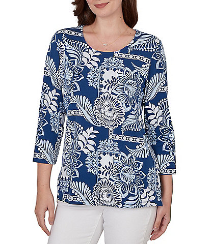 Ruby Rd. Petite Size Knit Tropical Patchwork Print Scoop Neck 3/4 Sleeve Top