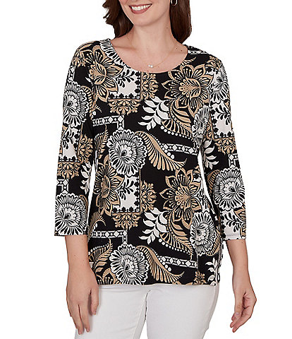 Ruby Rd. Petite Size Knit Tropical Patchwork Print Scoop Neck 3/4 Sleeve Top