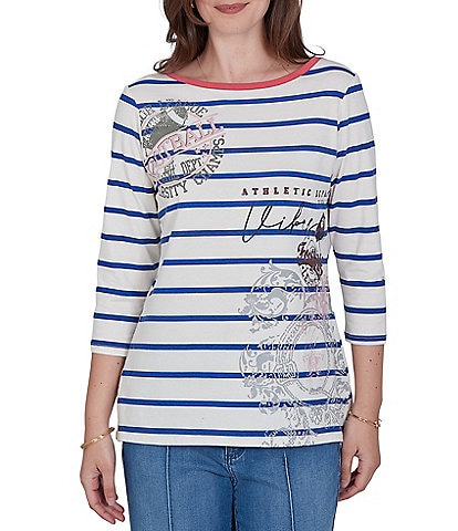 Ruby Rd. Petite Size Knit Varsity Stripe Delicate Floral Boat Neck 3/4 Sleeve Top