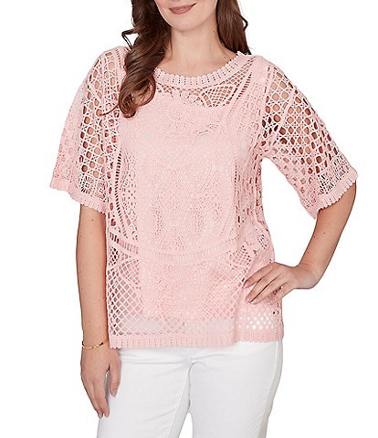 Ruby Rd. Petite Size Lace Layered Tonal Tank Open-Work Knit Top