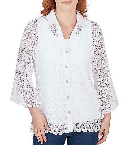 Ruby Rd. Petite Size Lace Point Collar 3/4 Sleeve Scallop Edge Button-Front Shirt