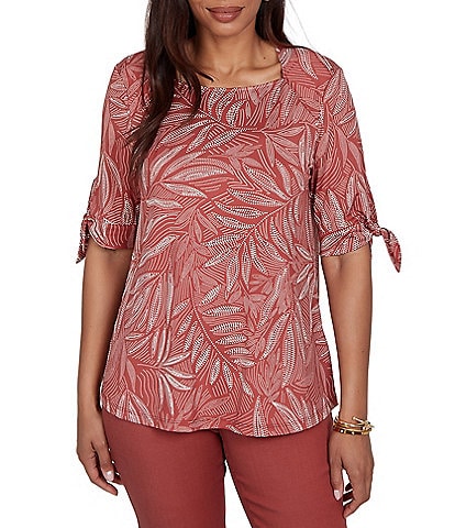 Ruby Rd. Petite Size Leaf Print Square Neck Elbow Tie Sleeve Top