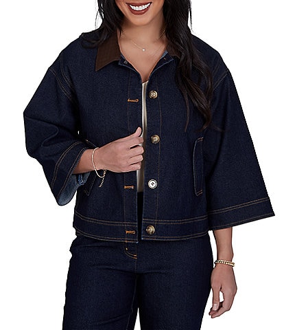 Ruby Rd. Petite Size Light Weight Denim Faux Leather Collar 3/4 Sleeve Button Front Caplet Jacket