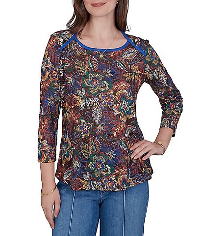 Ruby Rd. Petite Size Lightweight Knit Floral Scoop Neck 3/4 Sleeve Solid Trim Pullover