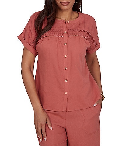 Ruby Rd. Petite Size Linen Blend Banded Round Neck Short Cuff Sleeve Button Front Shirt