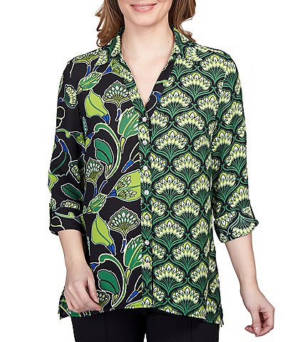 Ruby Rd. Petite Size Lotus Contrasting Panel Print Long Roll-Tab Sleeve Button Front Top