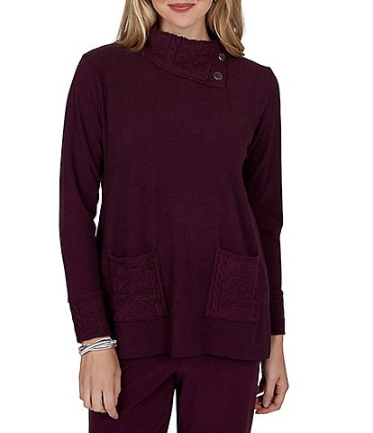Ruby Rd. Petite Size Luxe Rib Knit Split Cowl Neck Long Sleeve Pullover