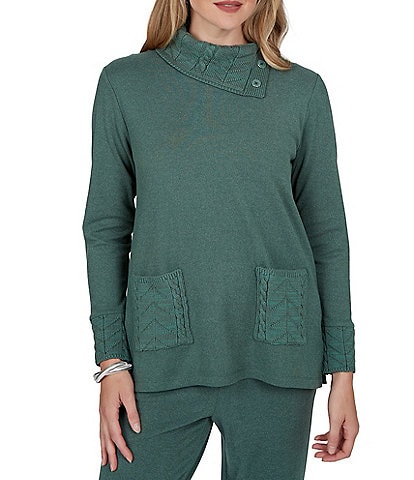 Ruby Rd. Petite Size Luxe Rib Knit Split Cowl Neck Long Sleeve Pullover