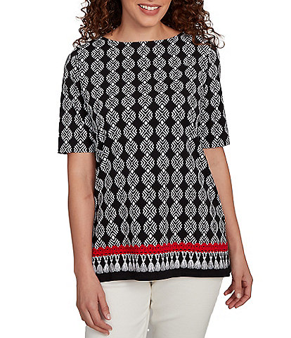 Ruby Rd. Petite Size Medallion Border Print Boat Neck Elbow Sleeve Top