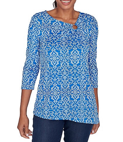 Ruby Rd. Petite Size Medallion Knit Asymmetric Neck 3/4 Sleeve Top