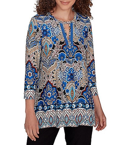 Ruby Rd. Petite Size Medallion Knit Keyhole Round Neck 3/4 Sleeve Top