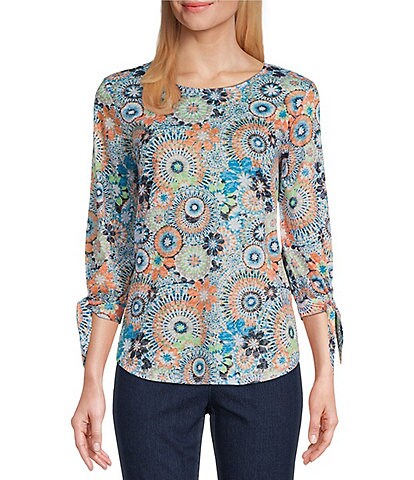 Ruby Rd. Petite Size Medallion Print Scoop Neck Tie Cuff 3/4 Sleeve Knit Top