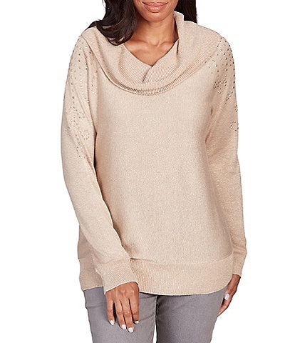 Ruby Rd. Petite Size Metallic Detail Cowl Neck Embellished Sleeve Pullover Sweater