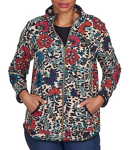 Ruby Rd. Petite Size Mixed Animal Floral Print Zip-Up Jacket