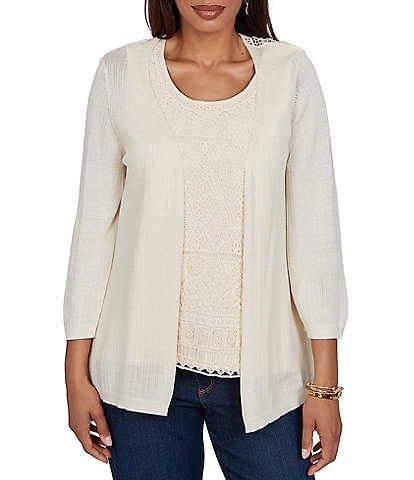 Ruby Rd. Petite Size Mixed Knit 3/4 Sleeve Crochet Lace Open-Front Coordinating Cardigan