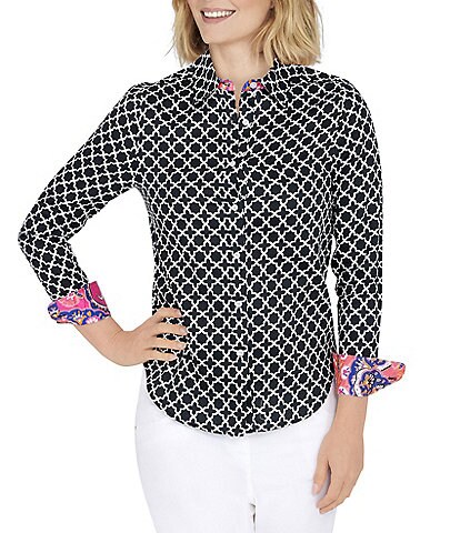 Ruby Rd. Petite Size Moroccan Tile Print Point Collar Long Sleeve Button Front Wrinkle Resistant Shirt