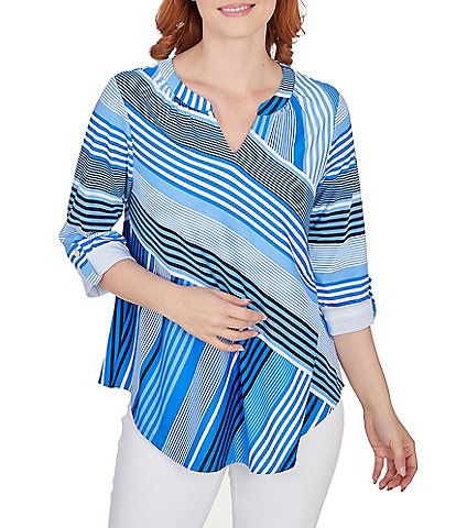 Ruby Rd. Petite Size Multi Directional Stripe Notch Neck Roll-Tab Sleeve Top