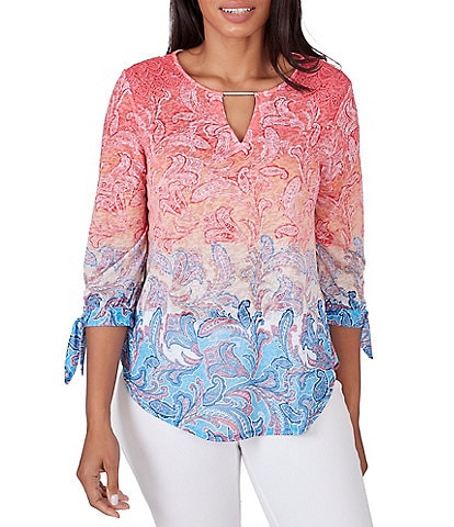 Ruby Rd. Petite Size Ombre Paisley Print Knit Keyhole Neck Embroidered Shoulder Tie-Sleeve Top