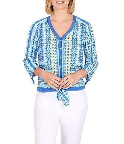 Ruby Rd. Petite Size Pacific Ikat Print V-Neck 3/4 Roll-Tab Sleeve Tie Hem Button Front Woven Top