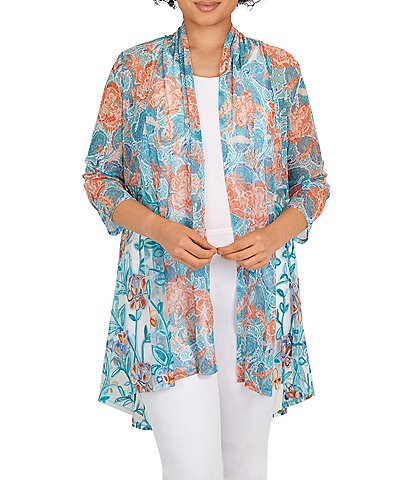 Ruby Rd. Petite Size Paisley Combo Print Embroidered Mesh Open Front 3/4 Sleeve Cardigan