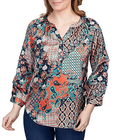 Ruby Rd. Petite Size Paisley Patchwork Print Y-Neck 3/4 Sleeve Top