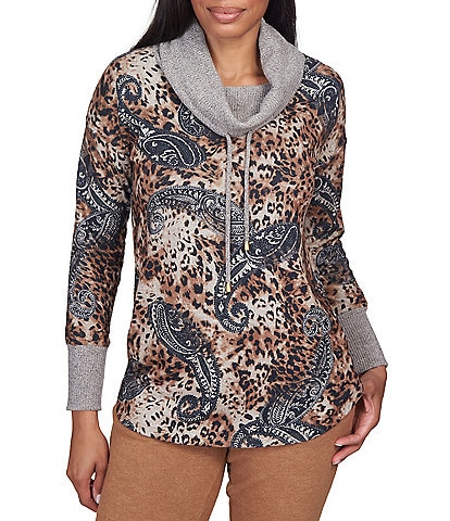 Ruby Rd. Petite Size Paisley Print Contrast Drawstring Cowl Neck Pullover