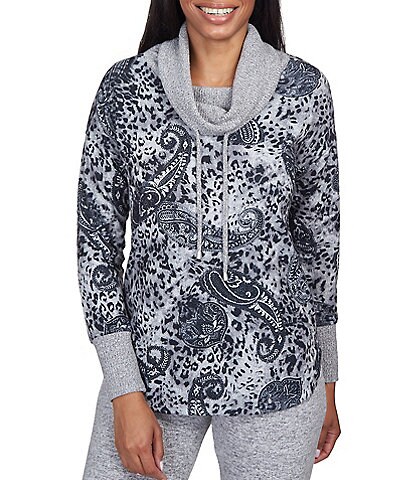 Ruby Rd. Petite Size Paisley Print Contrast Drawstring Cowl Neck Pullover